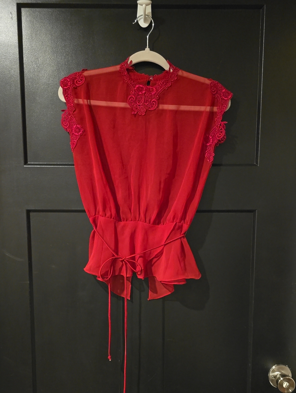 Vintage Red Lace-Trim Sleeveless Blouse, sz small , sheer-open back